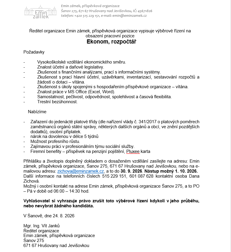 Inzerát k pozici Výběrové řízení – Ekonom / Rozpočtář